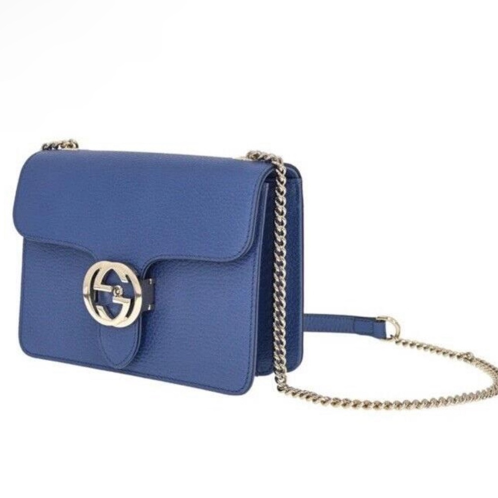 GUCCI $1850 NIB caspian blue calf leather GG marmont crossbody silver chain